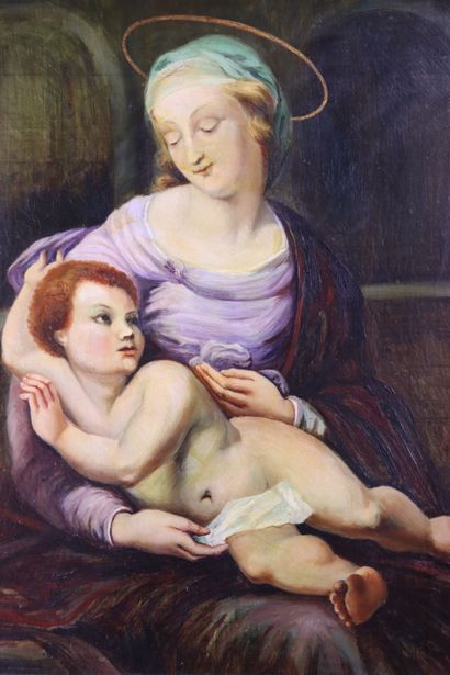 null School of the XIXth. Virgin and child. Oil on canvas. Signed "AB" . "1894"....