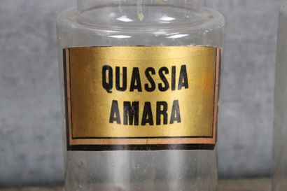 Deux pots à pharmacie Deux pots à pharmacie en verre, inscrit 'Quassia Amara' et...