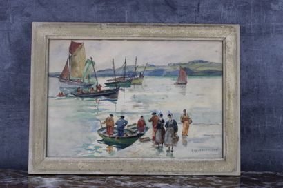 Eugène DELECLUSE (1882-1972) Eugène DELECLUSE (1882-1972), retour de pêche, aquarelle,...