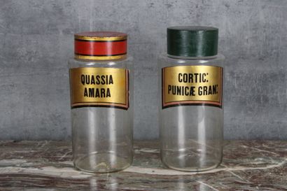 Deux pots à pharmacie Deux pots à pharmacie en verre, inscrit 'Quassia Amara' et...