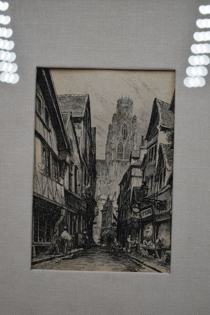 null Rouen La rue Damiette, gravure d'après un dessin de Maurice L. ROBIN (XX). Dimensions...