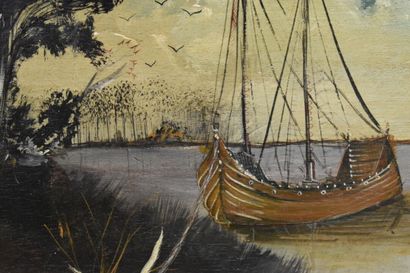 null Olivier SUIRE-VERLEY (1951), Bateau en bord de rive, huile sur panneau. Signé...