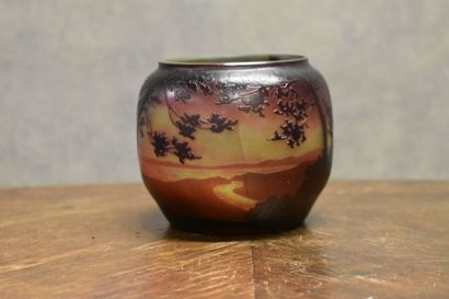 null D'ARGENTAL. Petit vase en pâte de verre multicouche à décor de paysage violet...