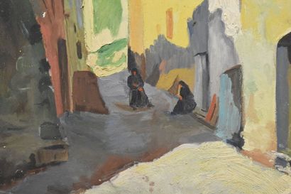 null French school of the XXth century, View on the street, oil on panel. Signed...