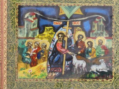 null Ecole du XIXe, Le Christ et ses apôtres, peinture sur verre. Signature à identifier...