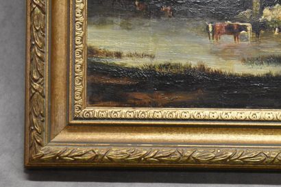 null French school of the XXth century, Cows at the water's edge, oil on panel. Size...