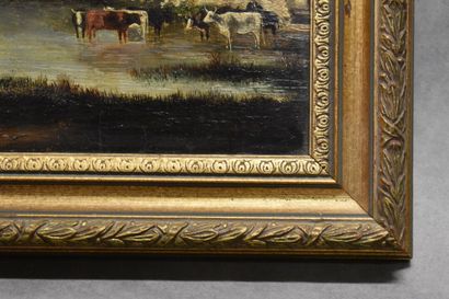 null French school of the XXth century, Cows at the water's edge, oil on panel. Size...