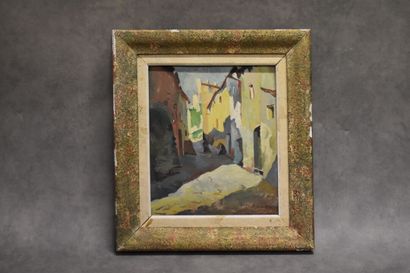 null French school of the XXth century, View on the street, oil on panel. Signed...