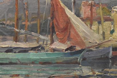 null Jules RIBEAUCOURT (1866-1932), Voiliers au port, huile sur panneau. Signé en...
