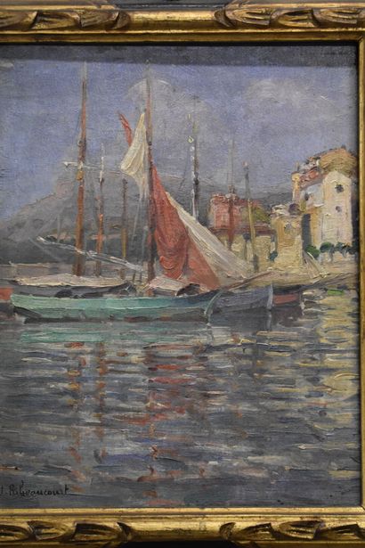 null Jules RIBEAUCOURT (1866-1932), Voiliers au port, huile sur panneau. Signé en...