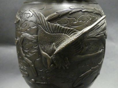 null JAPON. Vase couvert en bronze à patine brune à décor d'oiseaux. Hauteur : 36...