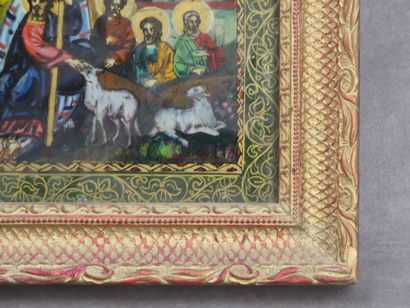 null Ecole du XIXe, Le Christ et ses apôtres, peinture sur verre. Signature à identifier...