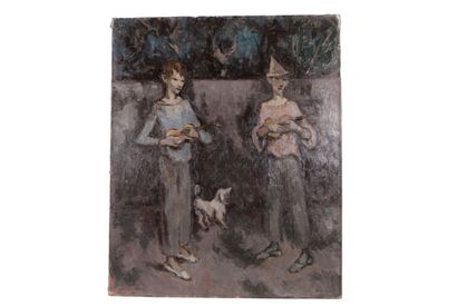 null MONTERET Pierre (1897 - ?). Deux enfants musiciens. huile sur toile. Signé en...