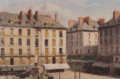 MAXIME FRENCH SCHOOL XXth century. Place au tramway, oil on panel, Signed "Maxime"...