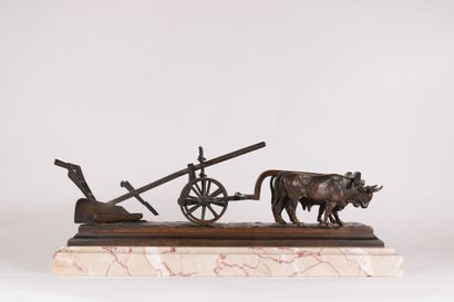 Le labour École du XIXème siècle Le labour, sujet en bronze articulé et patiné brun...