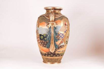 JAPON JAPAN. Polychrome earthenware set including a pair of vases and a covered pot...