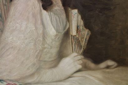 null École française, 1908. Portrait de femme en buste de profil assise sur un fauteuil...