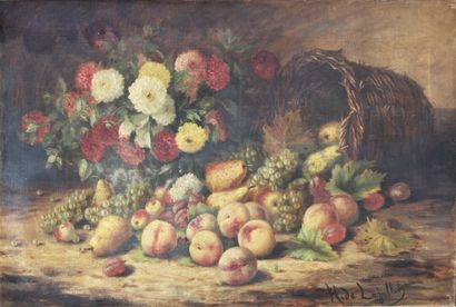 null Hélène de LAJALLET (1858-1929). Still life with flowers and fruits. Oil on canvas,...