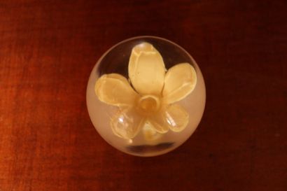 null Boule presse-papier sulfure en verre à décor en inclusion de fleur. 

Dimensions...