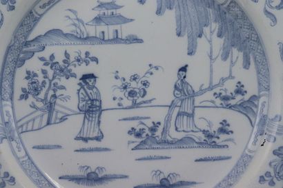 null CHINA. Porcelain dish decorated with characters in blue monochrome. Diameter...