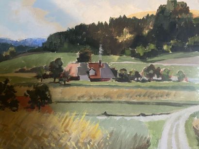 null École Suisse du XXe siècle, paysage à la ferme, technique mixte signé HOFER,...