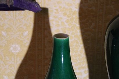 null CHINE, XXe siècle, deux vases à fond vert sur leur socle. Hauteur 37/28 cm.