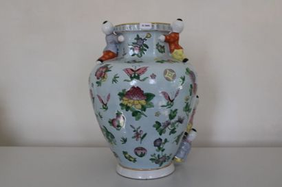 null CHINA, Polychrome porcelain vase with character decoration, hexagonal neck,...