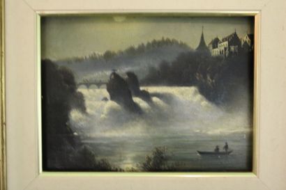 null École suisse du début du XXe siècle, Les Chutes du Rhin, huile sur carton. Dimensions:...