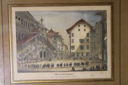 null La place de la cathédrale à Berne et L'Hôtel de ville de Berne, paire de lithographies,...