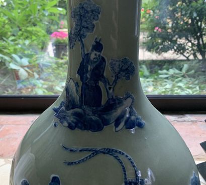 null CHINA, Porcelain vase with celadon background and characters decoration, 20th...