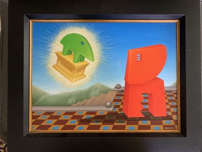 null Mihaly MELCHER (1953), composition surréaliste, huile sur toile, signée. 30...