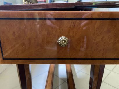 null Wooden game table, resting on four hexagonal legs joined by a spacer, c. 1950....