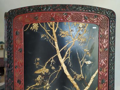null Large two-leaf screen in black lacquered wood and hard stone inlay, China, first...