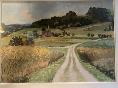null École Suisse du XXe siècle, paysage à la ferme, technique mixte signé HOFER,...