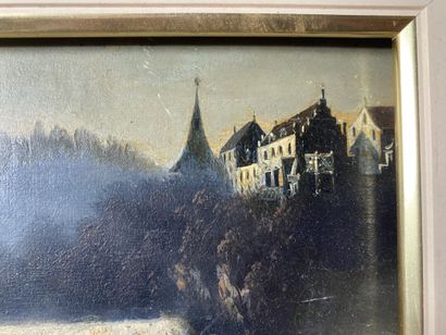 null Early 20th century Swiss school, The Rhine Falls, oil on board. Size: 25 x 31.5...