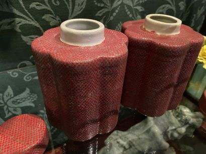 null CHINE, paire de flacons en porcelaine à fond rouge, de forme polylobée, marque...