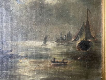 null École anglaise du XIXe siècle, marine au clair de lune, huile sur toile. 21.5...