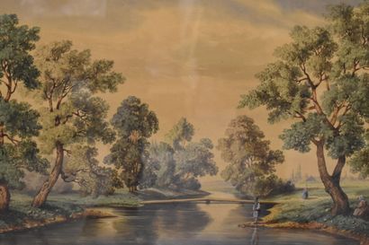 null Alex GAUMEL (XIXe siècle), Vue sur rivière, aquarelle sur papier. Signé en bas...
