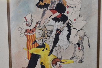 null Ecole française du XXe siècle, Scène aux clows, aquarelle sur pappier. Signé...