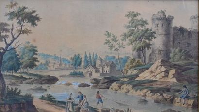 null Ecole française du XXe siècle, Scène de pêche en rivière, aquarelle. Signé en...