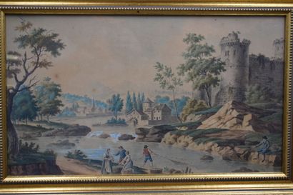 null Ecole française du XXe siècle, Scène de pêche en rivière, aquarelle. Signé en...