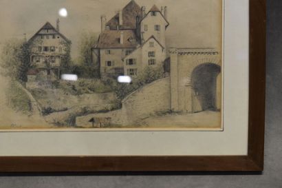 null Oscar BASTIAN (1847- ?) élève de Karl OTTO, Vue sur château, crayon sur papier....