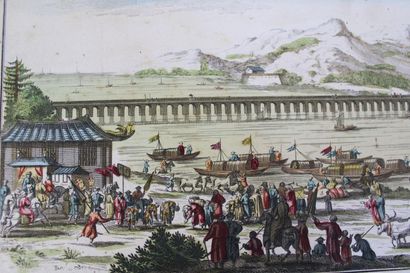 null [CHINE], Vue en perspective du XVIIIe du célèbre pont et port de la Ville de...