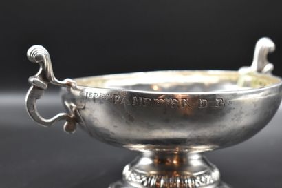 null Silver wedding cup with scroll handles applied on a pedestal. 

Marked "JePet...