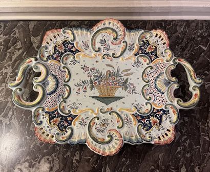 null Earthenware tray showing a flower basket surrounded by a polychrome rocaille...