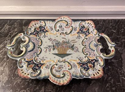 null Earthenware tray showing a flower basket surrounded by a polychrome rocaille...