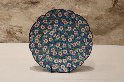 null LONGWY. Large enamelled dish decorated with daisies on a blue background and...