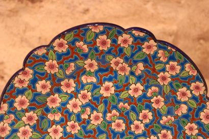 null LONGWY. Large enamelled dish decorated with daisies on a blue background and...