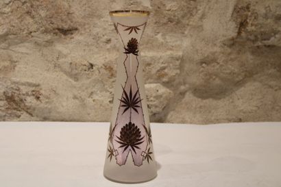 null An Art Deco period enamelled glass vase with geometric and pine cones decoration,...