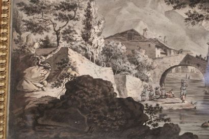 null French school of the end of the 18th century. View of a village by a river with...